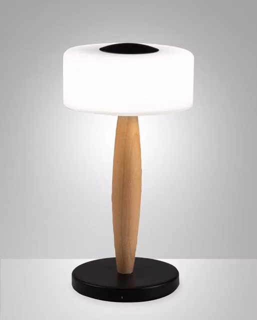 Lampada da tavolo Elea Fabas con LED da 8W, 860lm, 3000K, struttura in metallo, legno e vetro soffiato, dimmerabile con regolazione touch, Colore Nero – 1