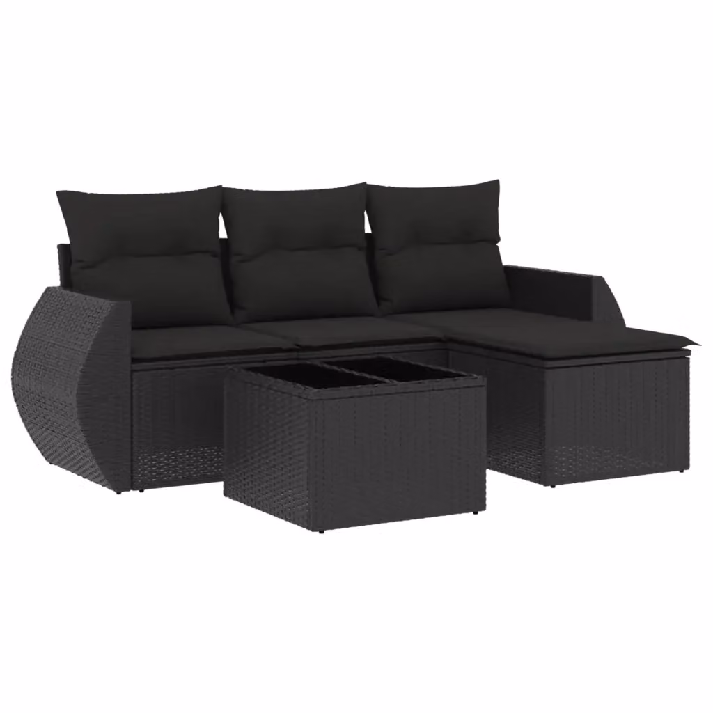 vidaXL Set Divani da Giardino a L 5 pz in Polyrattan Nero con Cuscini e Tavolino da Caffè – 2
