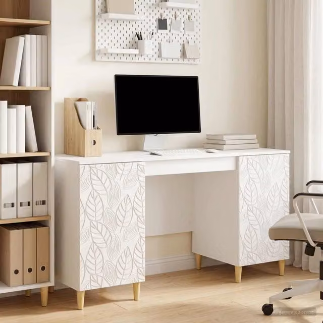 Scrivania moderna vidaXL in legno MDF laminato bianco e marrone L: 142,5 cm, P: 50 cm, H: 75 cm – 1