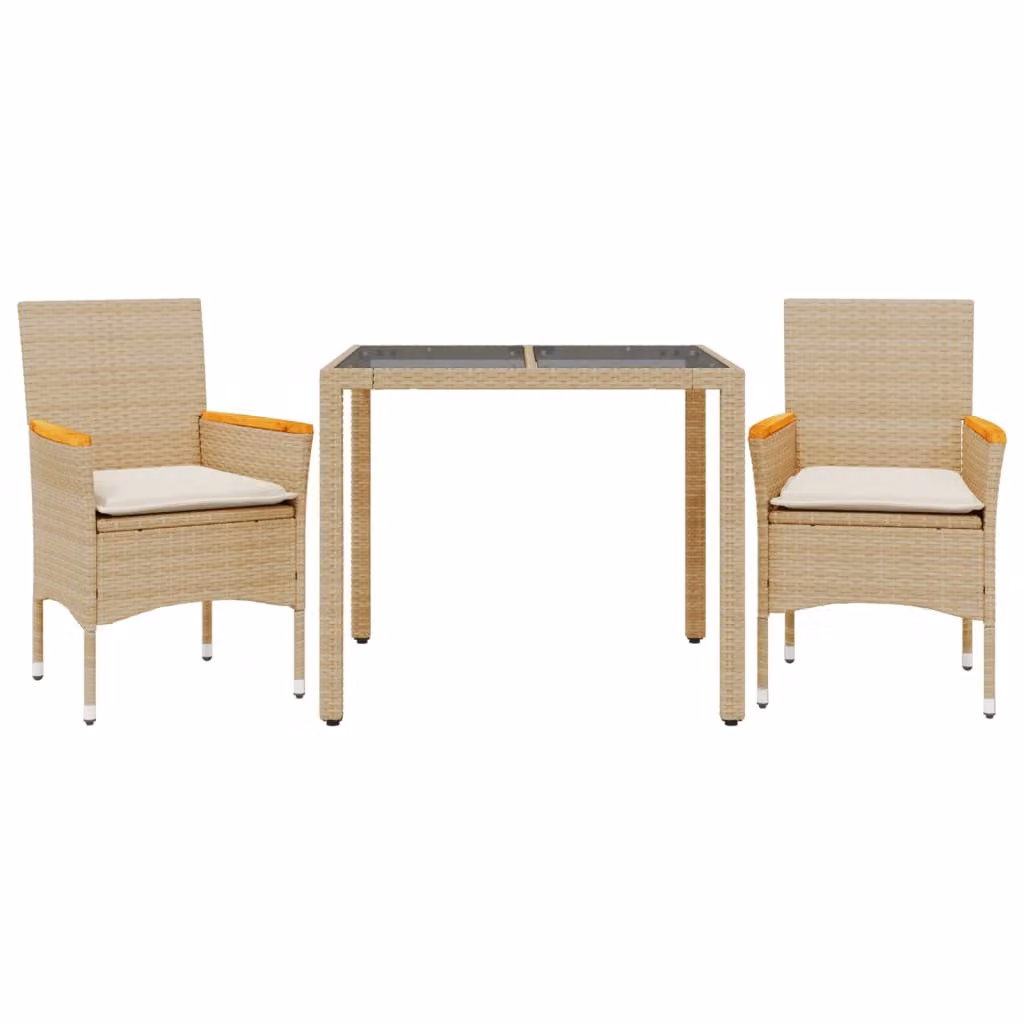 Set da Pranzo da Giardino 3 pz con Cuscini Polyrattan e Vetro