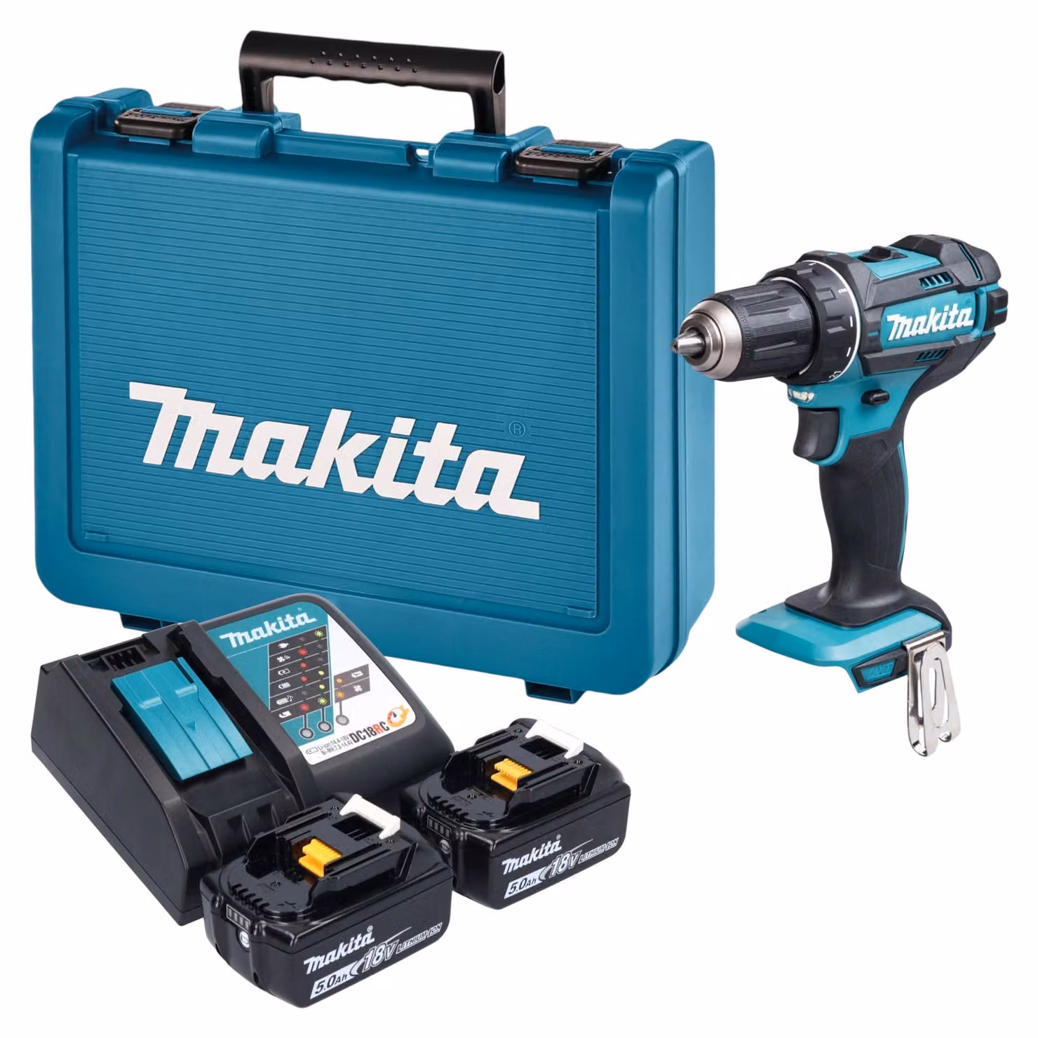 Trapano avvitatore a batteria Makita DDF 482 RTE 18 V 62 Nm + 2 batterie da 5,0 Ah + caricabatterie + valigetta