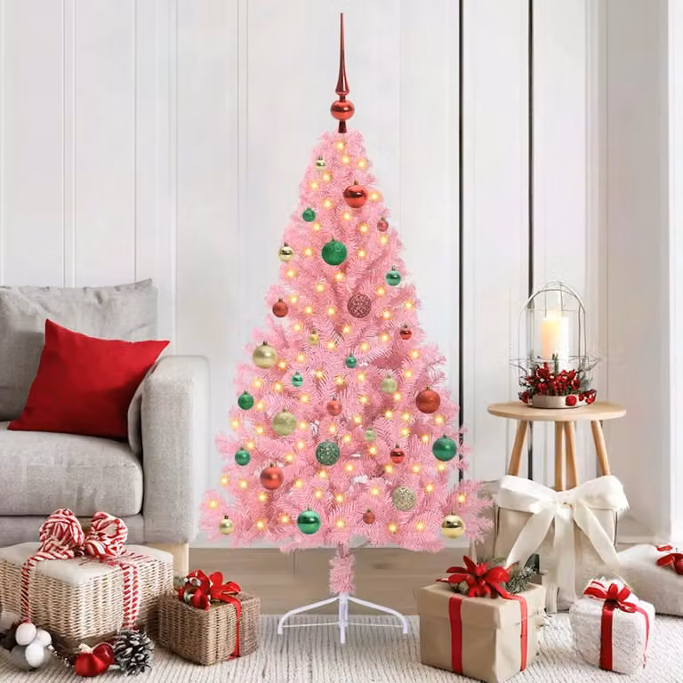 Albero di Natale artificiale moderno vidaXL con luci LED bianco caldo, colore rosa, in PVC e metallo, Altezza: 150 cm