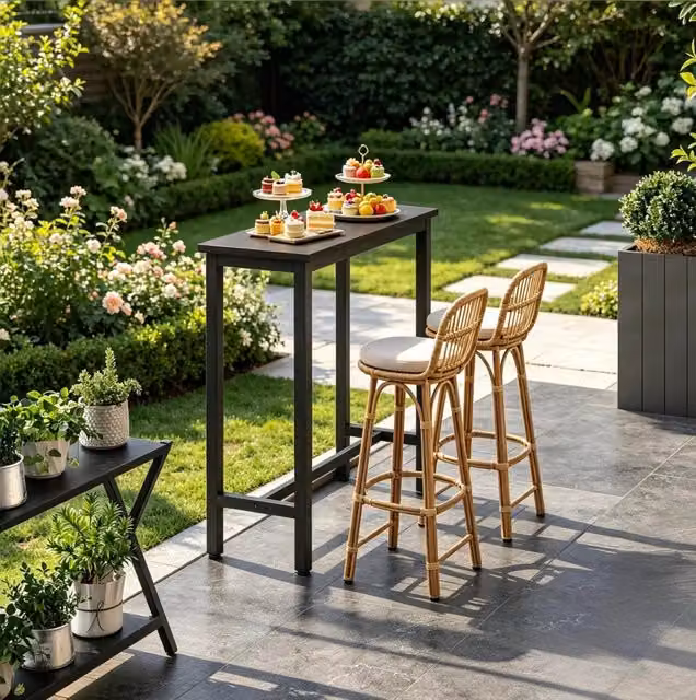 Tavolo da bar ULEVR 100x40x100 cm in metallo e pannello truciolare nero, con poggiapiedi e piedini regolabili