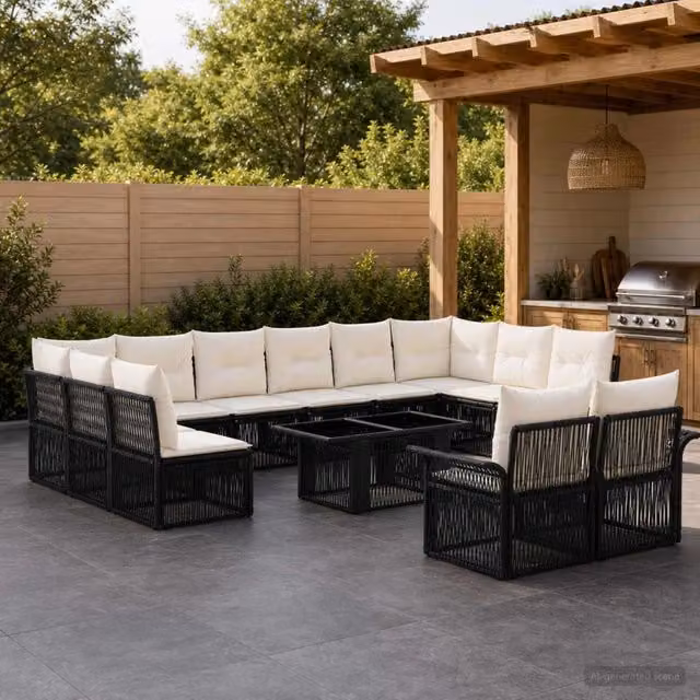 Set Divano da Giardino Moderno vidaXL in Polyrattan Nero e Bianco con Cuscini e Tavolino da Caffè a Forma di U – 1
