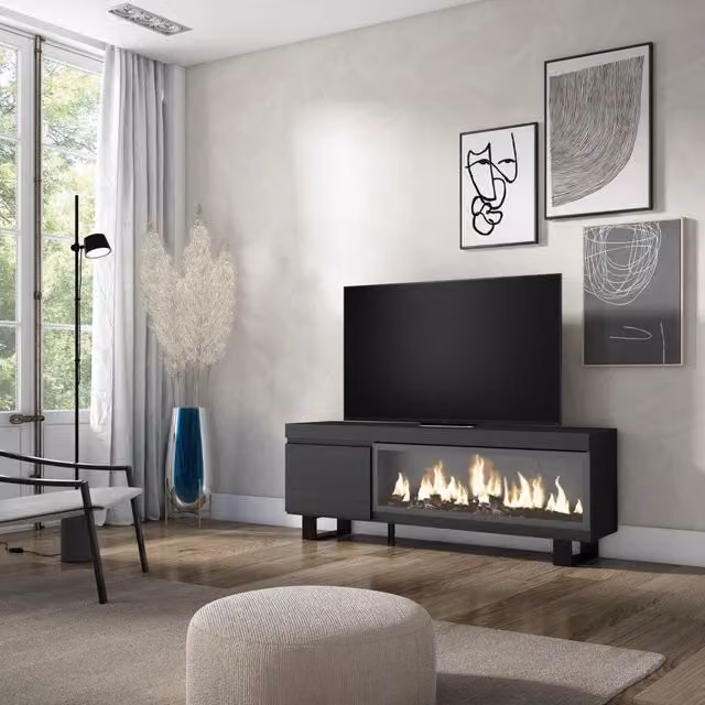 Mobile TV Soggiorno, 158x35x57cm, Per TV fino a 65", Camino elettrico XXL, Design industriale, Nero RF3246