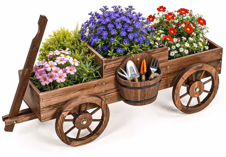 Carrello in legno con ruote, ideale per giardino e balcone