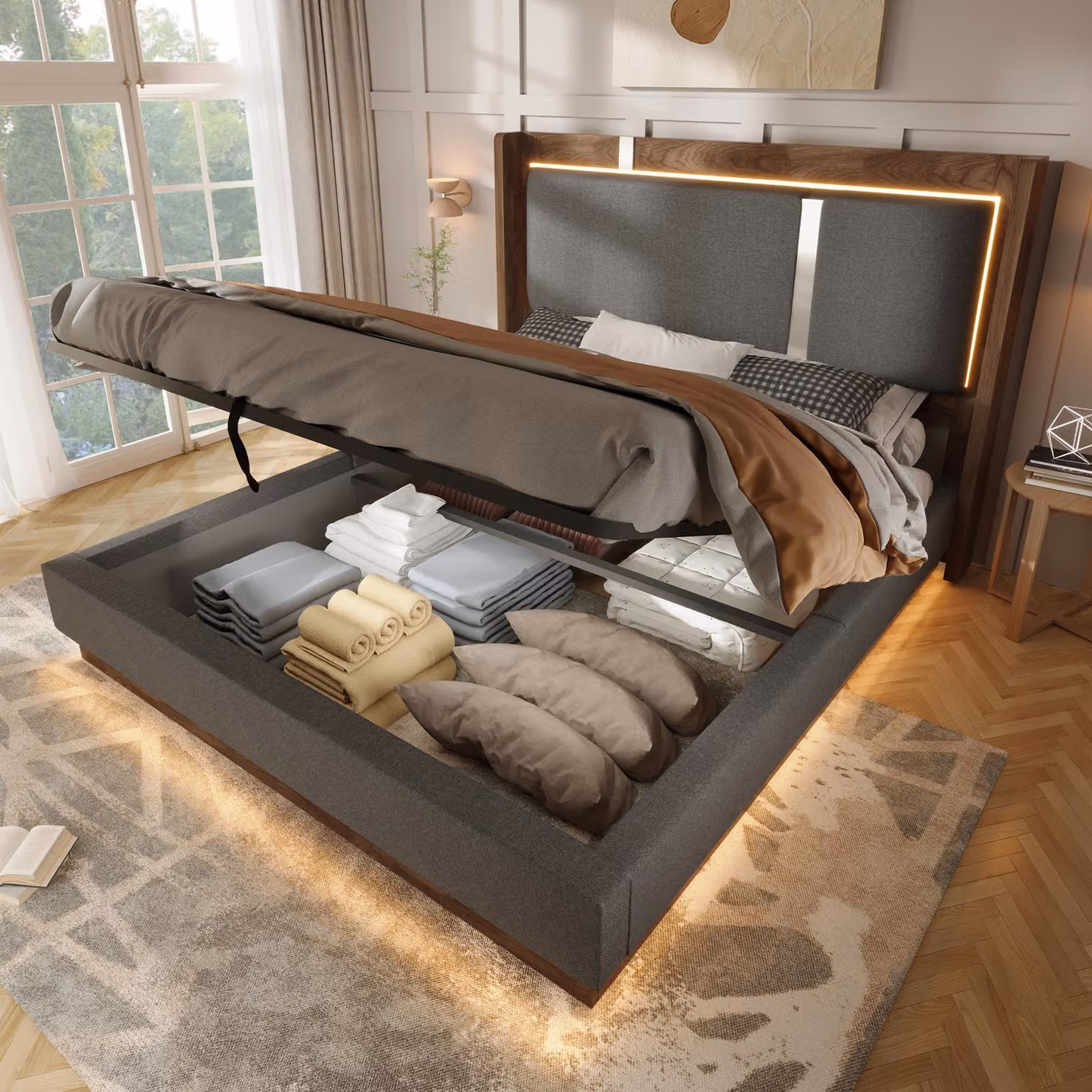 Letto idraulico con materasso imbottito Flieks 140x200 cm con contenitore, letto per ragazzi con contenitore e rivestimento in pelle, letto matrimoniale idraulico con rete a doghe, rivestimento in lino, grigio