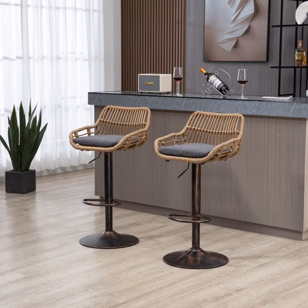 Set di 2 sgabelli bar Beaok regolabili con rotazione a 360 gradi in tessuto lino grigio e base in metallo nero opaco – 2