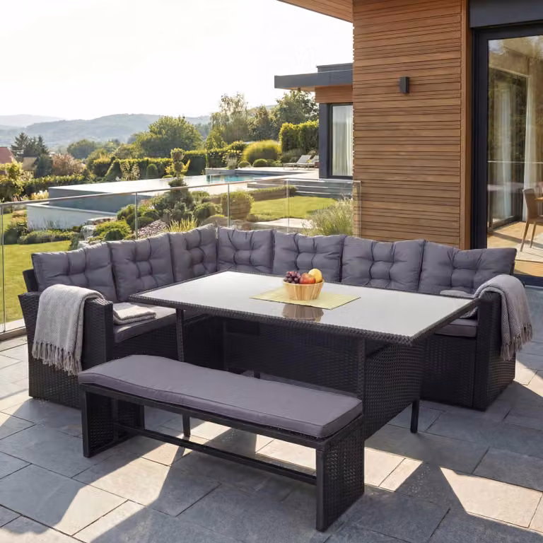 Set in polyrattan MCW-A29, set da giardino con divano, tavolo da pranzo e sedie, nero ~ cuscini grigio scuro, con panca