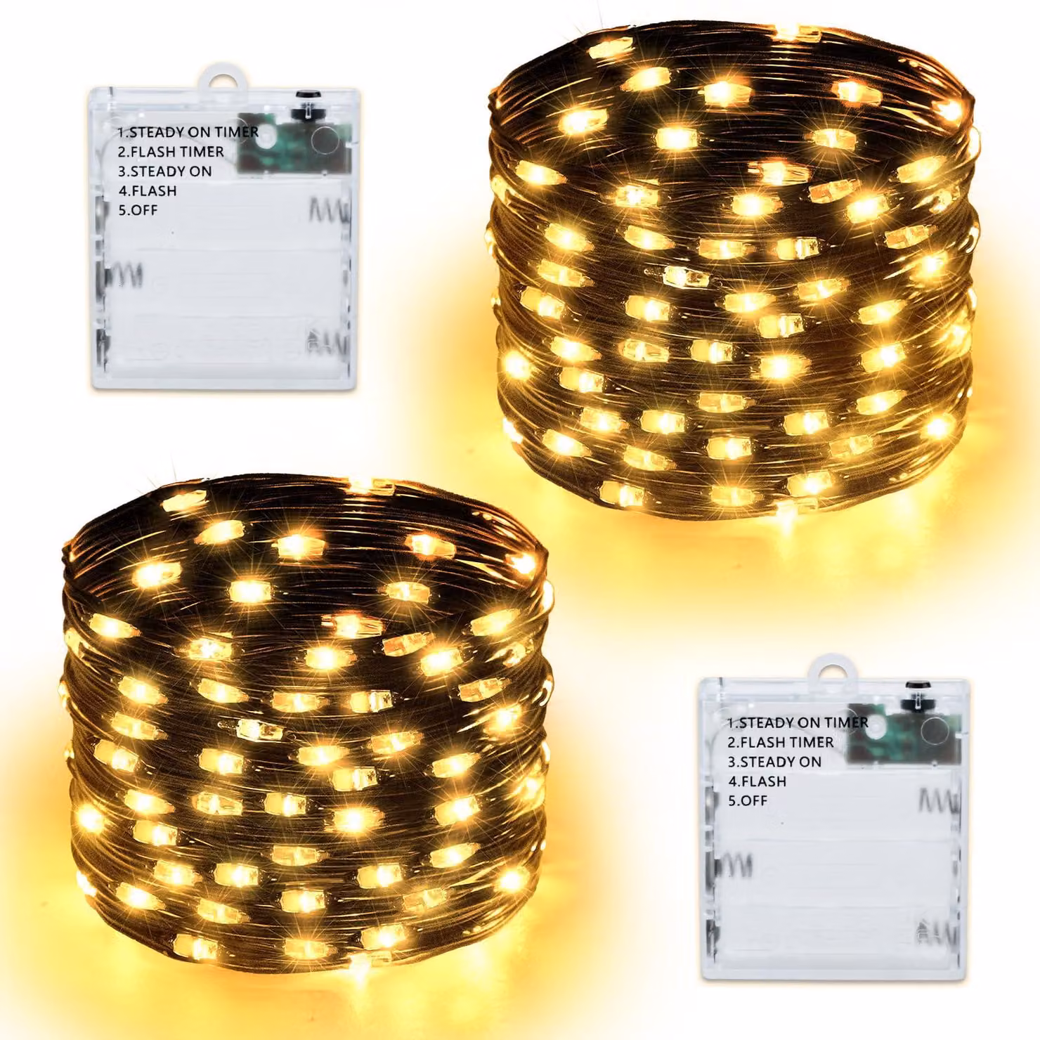 Catena luminosa a LED, 5 metri, 50 LED bianco caldo, set da 2, alimentazione a batteria, con timer