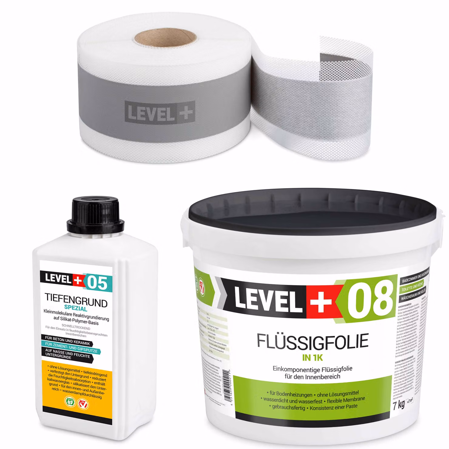 Kit di impermeabilizzazione Pellicola liquida 7kg Nastro sigillante 5mb Rivestimento ai silicati 1L - LEVEL+ SET03