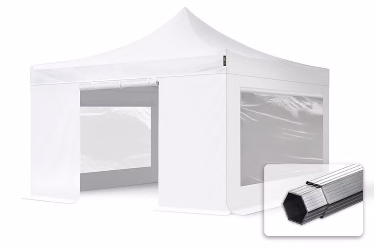 TOOLPORT 4x4m gazebo pieghevole PES con laterali (finestre panoramiche), PROFESSIONAL alluminio, bianco