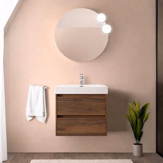 Mobile bagno sospeso 70 cm noce maya con due cassetti e lavabo in resina Gaya