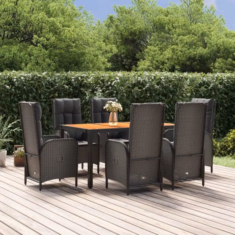 The Living Store Set da pranzo da giardino 7 pezzi con cuscini in polirattan nero