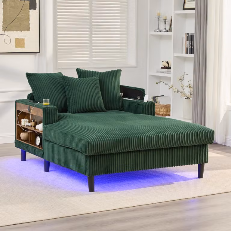 Divano letto LVHOM con luci LED e porte USB, chaise longue con portabicchieri e vano portaoggetti, ampio divano singolo con portata fino a 300 kg, 3 cuscini inclusi, 129x170 cm, verde