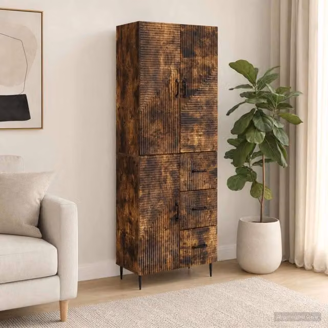 Set di 2 armadi moderni vidaXL in legno ingegnerizzato color rovere fumo con ante a battente e cassetti, da appendere a parete – 1