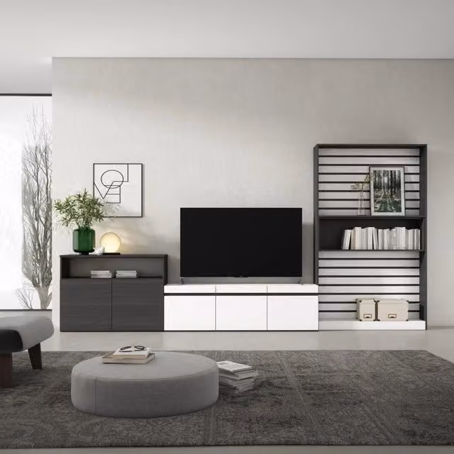 Mobile TV per soggiorno SKRAUT HOME, Bianco e nero, L: 360 cm, P: 35 cm, H: 186 cm, per TV fino a 65 pollici