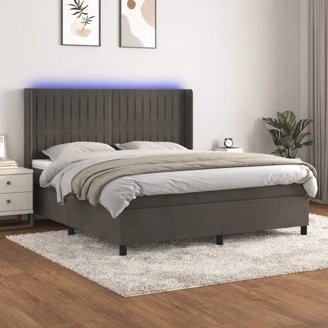 Letto matrimoniale vidaXL con materasso ibrido, illuminazione LED sottostante e porta USB, rivestimento in velluto grigio, L/P/H: 160 x 200 x 128 cm – 1