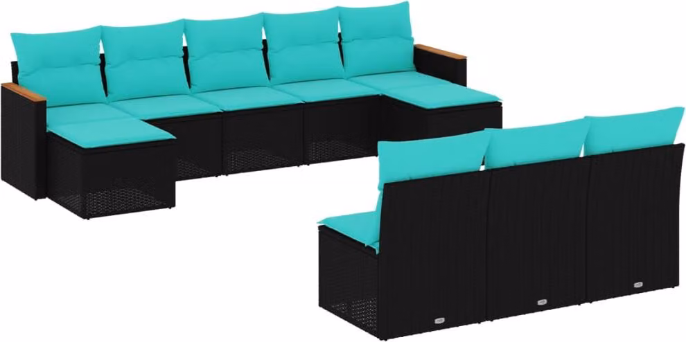 Set Divani da Giardino 10 pz con Cuscini Nero in Polyrattan