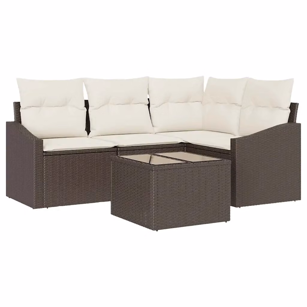 Set Divano da Giardino vidaXL 5 Pezzi a Forma di L con Tavolino, Colore Marrone e Beige, Struttura in Metallo e Polyrattan con Cuscini Inclusi – 2