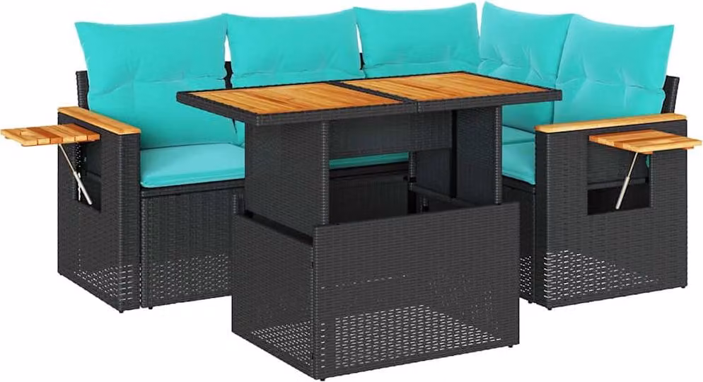 Set Divani da Giardino 5 pz con Cuscini Nero Polyrattan Acacia