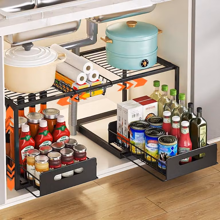 Organizzatore per lavello, 2 livelli, per cucina, larghezza 65-75 cm, altezza 32-40 cm, acciaio, colore nero