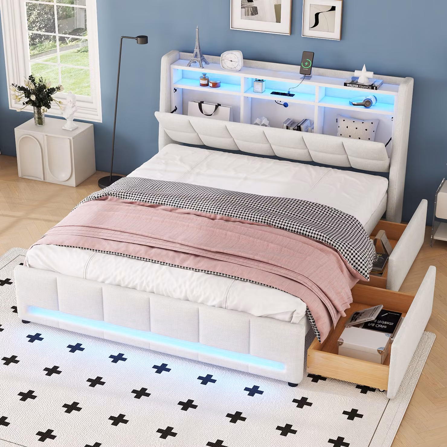 okwish letto matrimoniale imbottito 140 x 200 cm con porta di ricarica USB e telecomando tramite app, letto funzionale con vano contenitore nella testata (senza materasso) - beige