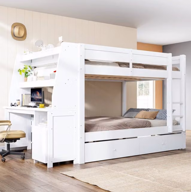 Letto a castello 140x200 cm bianco con scrivania, armadio, ripiani e cassetti