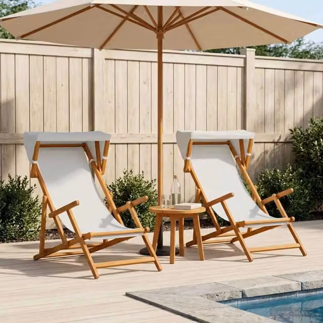 Set di 2 lettini prendisole vidaXL in legno di eucalipto con schienale regolabile e tessuto resistente ai raggi UV colore beige – 1