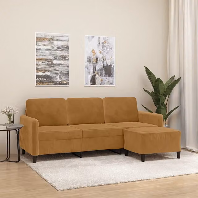 Divano a 3 Posti con Poggiapiedi Marrone 180 cm in Velluto 3201181