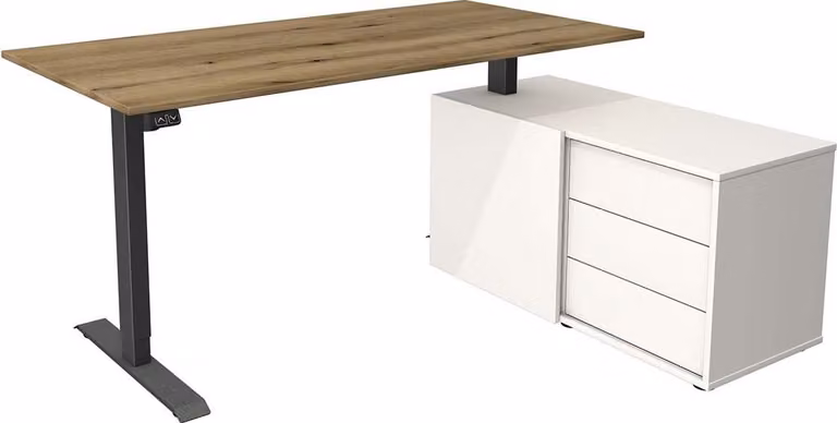 Scrivania Kerkmann Move 1, modello seduto/in piedi, color antracite con credenza in rovere nodoso