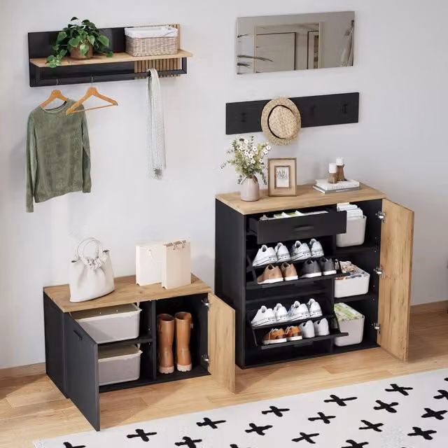 Set da ingresso moderno WISHDOR composto da 5 pezzi con mobile scarpe, panca, specchio, mensola e ganci, colore nero e legno naturale