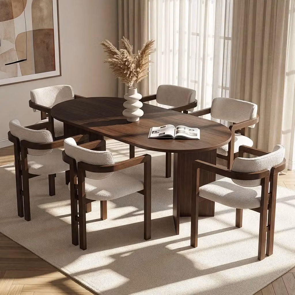Set di tavolo ovale e 7 sedie Hanah Home in legno e MDF laminato, Bianco e Marrone, L/P/H: 180 x 90 x 75 cm – 2