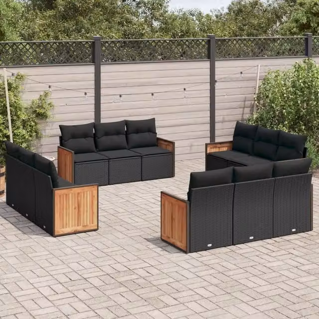 Set di Divani da Giardino a Forma di U vidaXL in Polyrattan Nero con Cuscini e Struttura in Metallo – 1