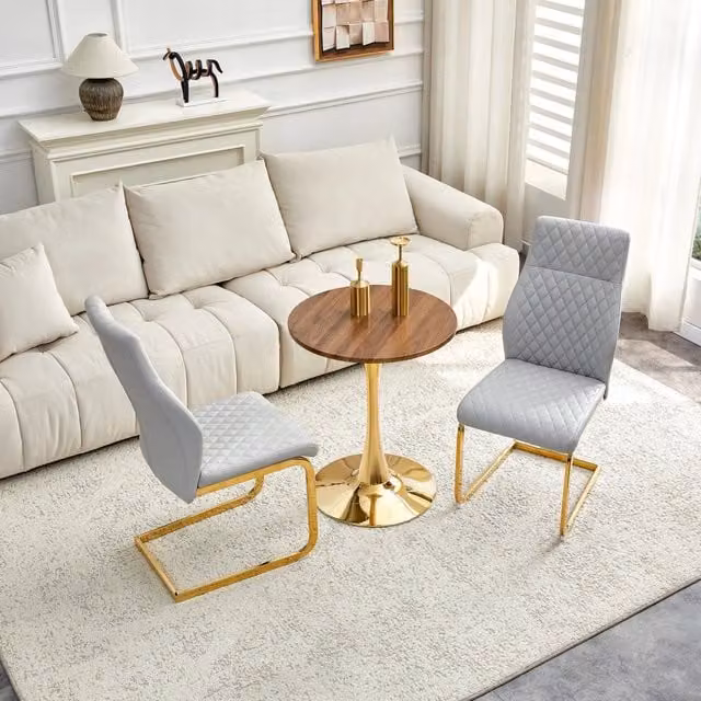 Set Tavolo Rotondo e 2 Sedie da Pranzo ¨C Xylo ¨C Piano MDF Effetto Noce, Gambe Oro, Seduta Grigio Chiaro
