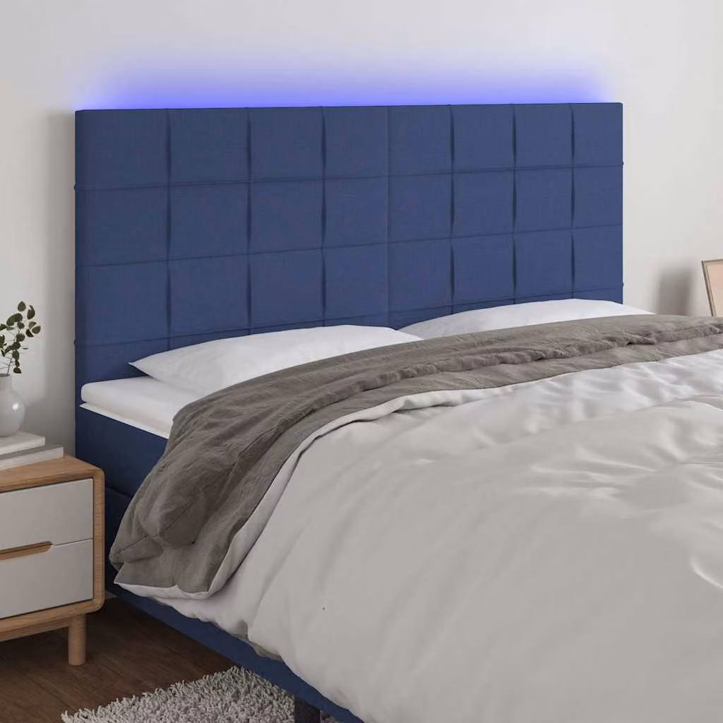 Testiera per letto vidaXL in tessuto blu con illuminazione LED integrata e porta di ricarica USB, L 160 cm, P 5 cm, H 118-128 cm
