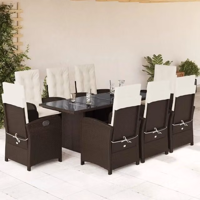 Set da pranzo da giardino moderno vidaXL in polyrattan marrone con 9 pezzi e cuscini