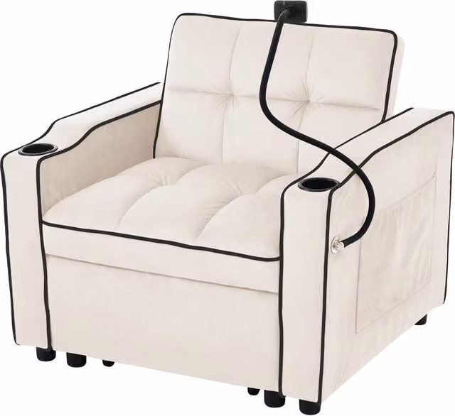 Poltrona letto 3 in 1 con schienale regolabile, portabicchieri e supporto cellulare, in velluto beige, 83 × 167 × 76 cm