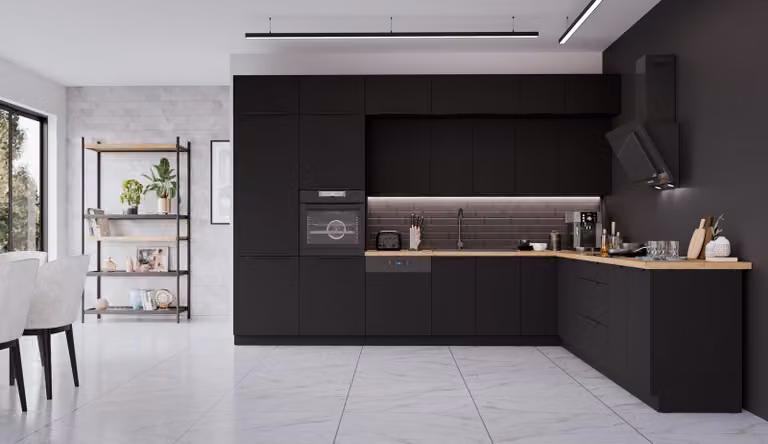 Cucina ad angolo SIENA 350x290 cm, cucina a incasso, cucina ad angolo, cucina nera opaca, ampio spazio di stoccaggio