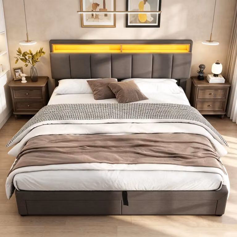 Letto imbottito matrimoniale INONEFT, 160x200 cm, con illuminazione LED, letto box con sistema di sollevamento idraulico e rete a doghe, letto contenitore in legno massello, colore grigio