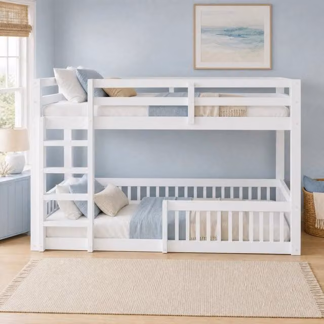 Letto a castello basso 160x200 cm con sponde; MDF e pino; bianco