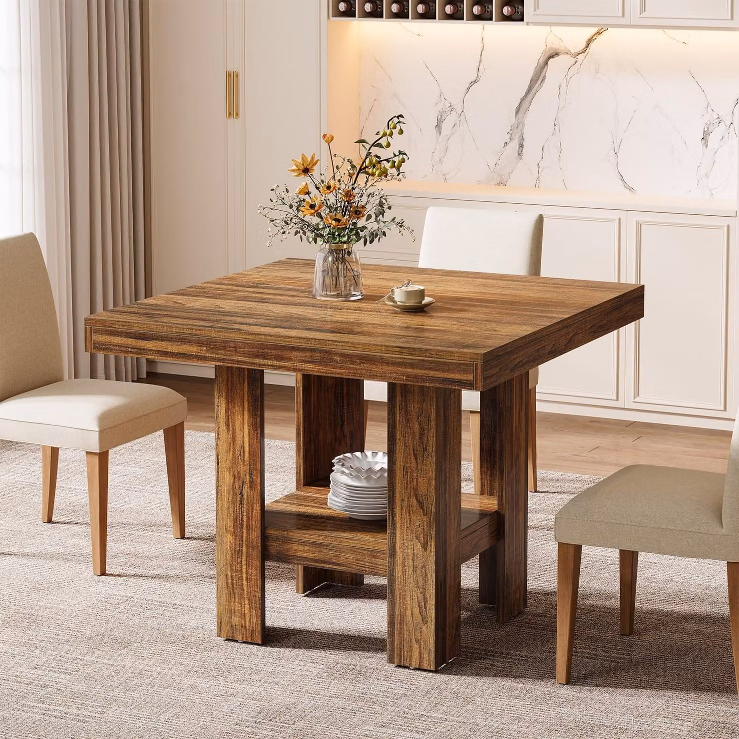 Tribesigns Tavolo da pranzo quadrato da 80 cm per 4 persone, piccolo tavolo da cucina con ripiano, mobile da sala da pranzo compatto per uffici, ristoranti, marrone