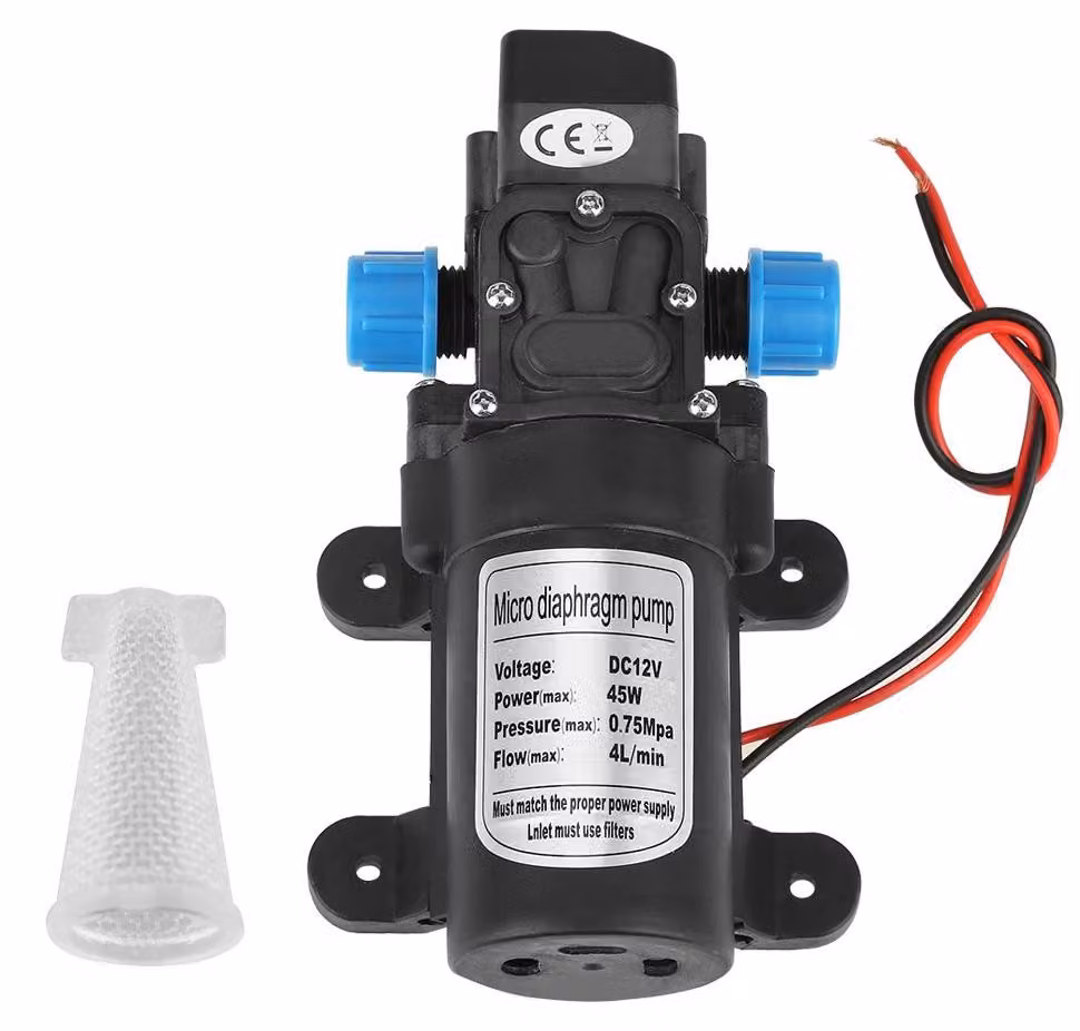 Mini pompa dell'acqua a membrana, 12V, 45W, portata 4 litri/minuto, autoaspirante, colore nero