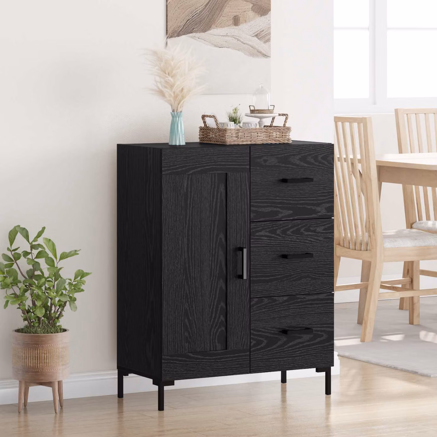 Credenza moderna vidaXL in legno ingegnerizzato e metallo, colore rovere nero, L: 69.5 cm, P: 34 cm, H: 90 cm