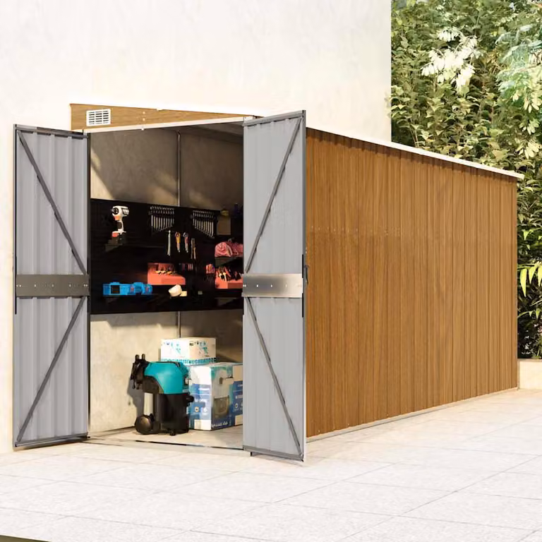 Casetta da giardino a muro vidaXL marrone in acciaio zincato con doppia porta e serratura L/P/H: 118 x 382 x 178 cm