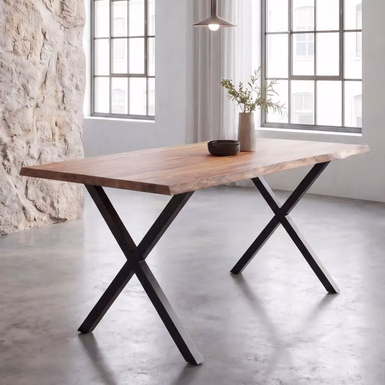 FineBuy Tavolo da pranzo 160 cm rettangolare in legno massello di acacia con bordo naturale Tavolo da pranzo industriale Tavolo da cucina in legno massello con bordo naturale Tavolo con base a X Nero