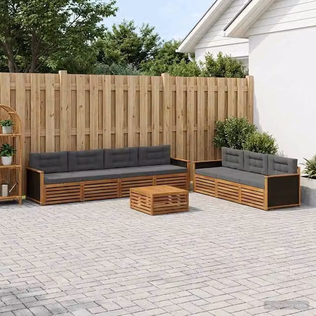 Set di divani da esterno a L con tavolino da giardino vidaXL, 8 pezzi in legno di acacia e tessuto beige e antracite resistente ai raggi UV