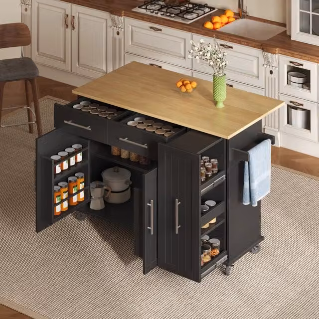 Isola da cucina mobile WISHDOR con piano pieghevole, organizer a 3 livelli, 2 cassetti e ruote, colore nero, L/P/H: 120 x 40 x 90 cm