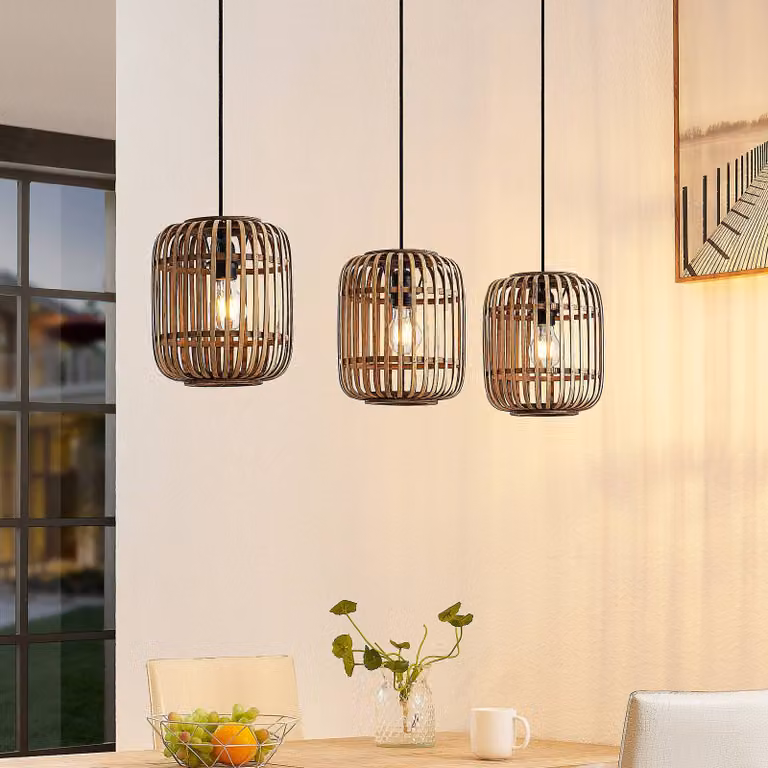 Lampada a sospensione Canyana Lindby, dimmerabile, Legno chiaro, Soggiorno / Sala da pranzo, Legno, Campagna / Rustiche, Lampada a sospensione