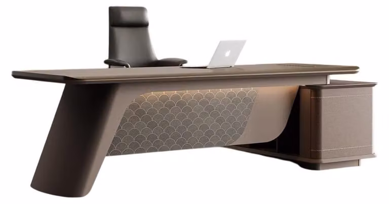 Moderna scrivania angolare in legno con ampio piano di lavoro e spazio contenitivo